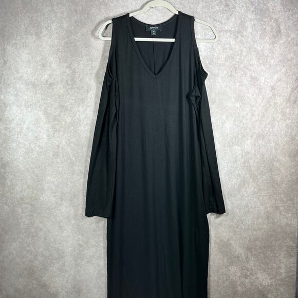 Karen Kane Maxi‎ Dress XL Black Cold Shoulder Side Slit V Neck Long Stretch Knit - Picture 1 of 11